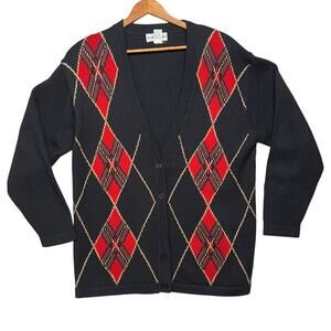 Alfred Dunner 90s Retro Wool Blend Black Red Argyle Academia Cardigan Sweater L